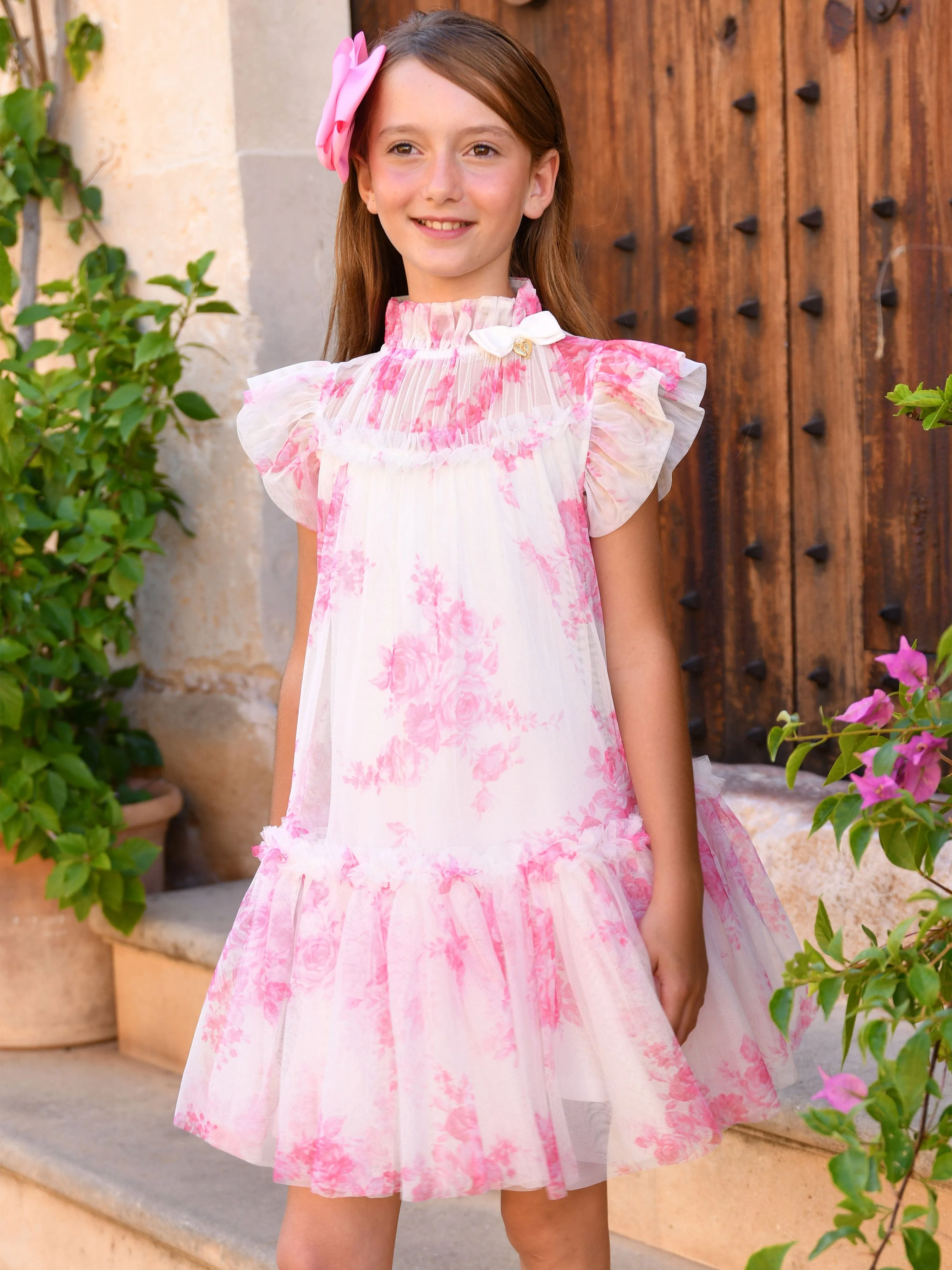 Mädchen Ringelblumen Rosen Kleid in Rosa
