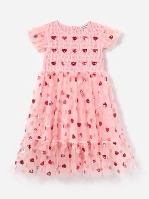 Mädchen Netz Herz Glitzer Kleid in Rosa