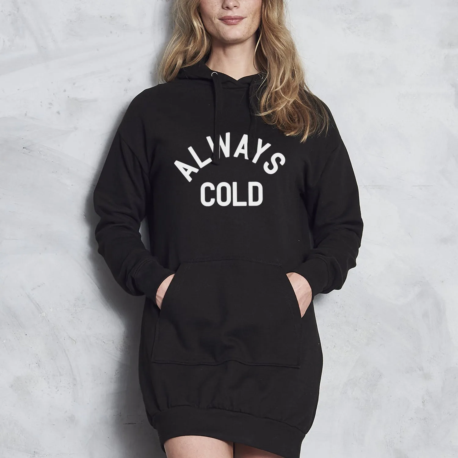 Always Cold Hoodie Dress mum jeans promo