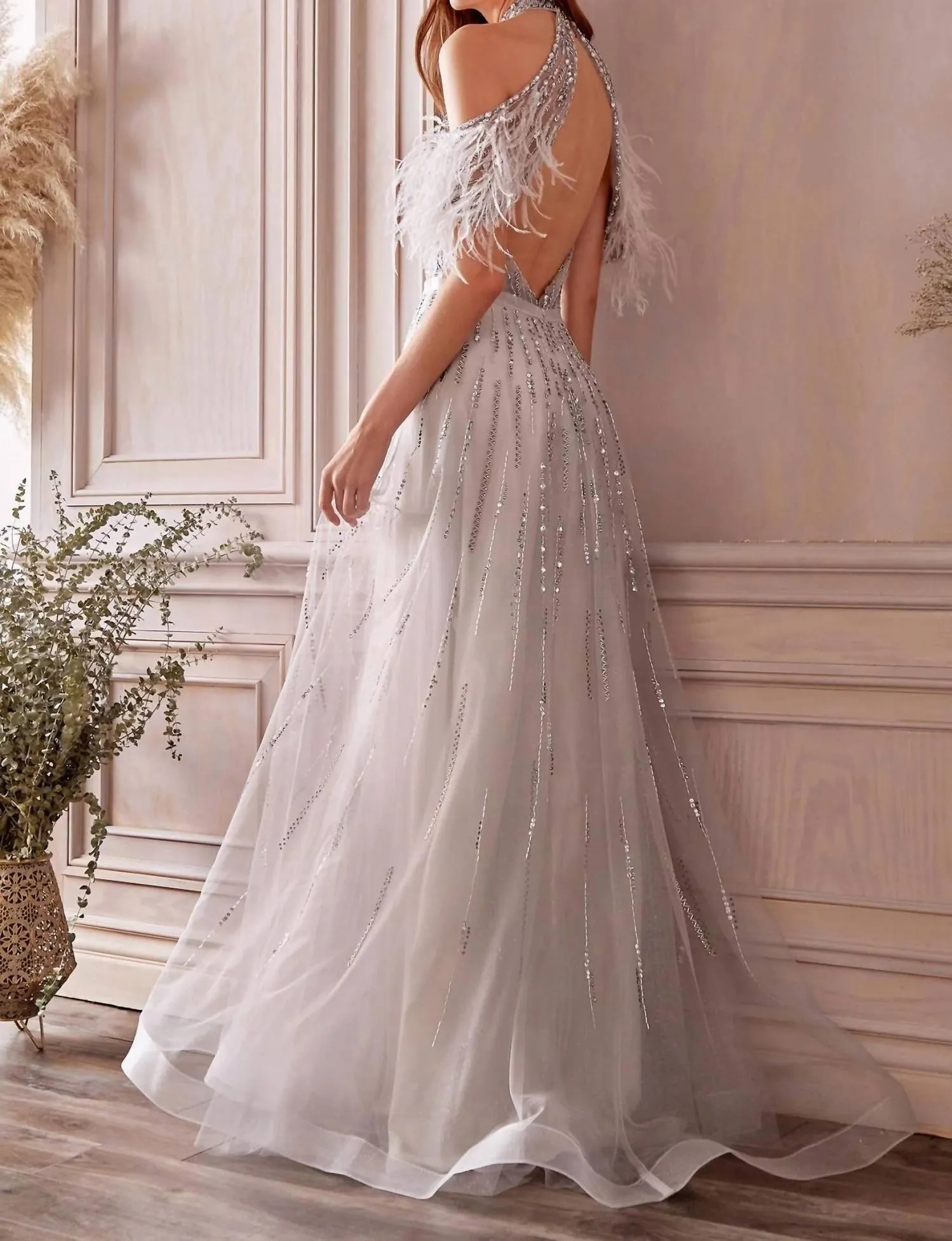 Anastasia Feather Drape Beaded Ball Gown In Silver