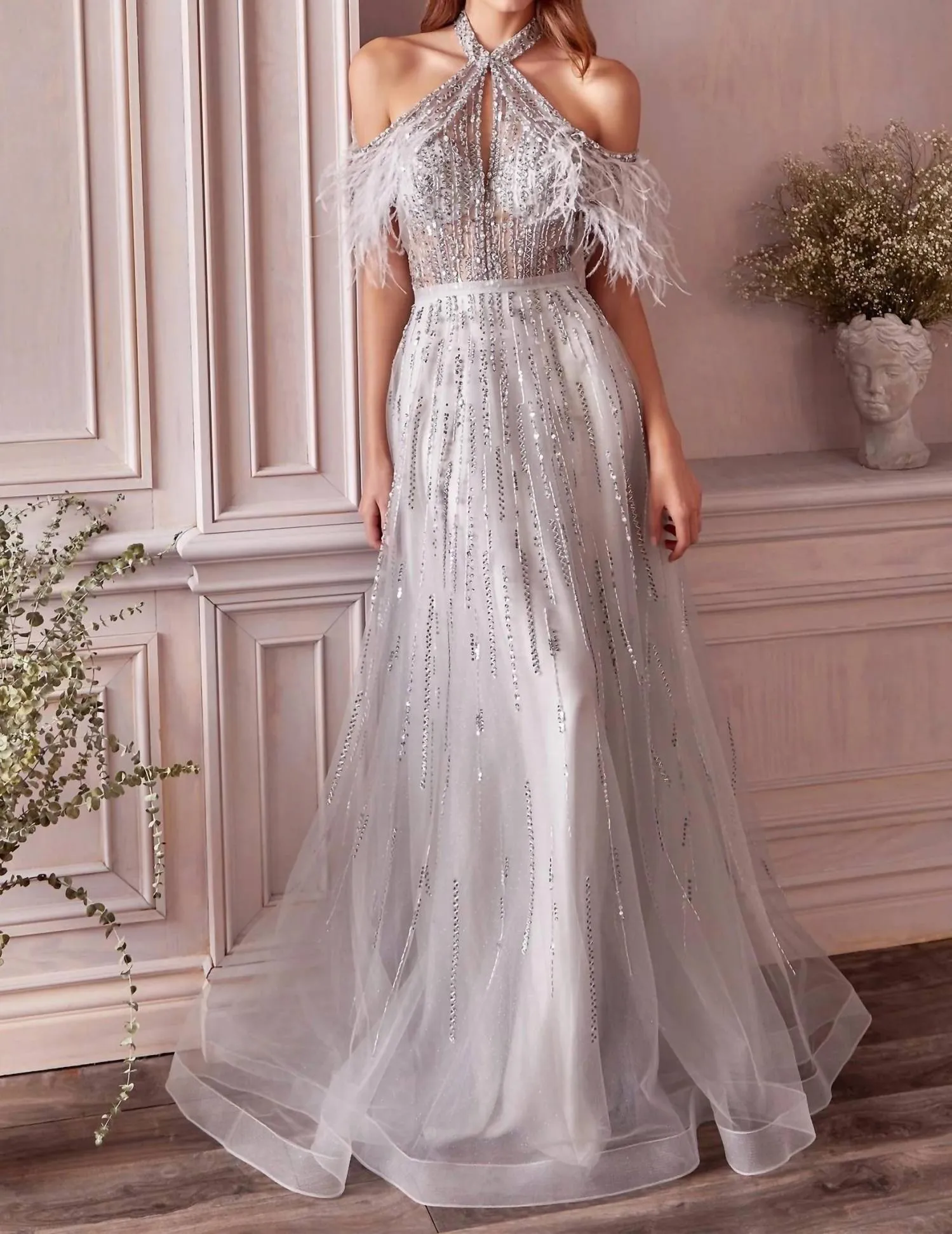 Anastasia Feather Drape Beaded Ball Gown In Silver