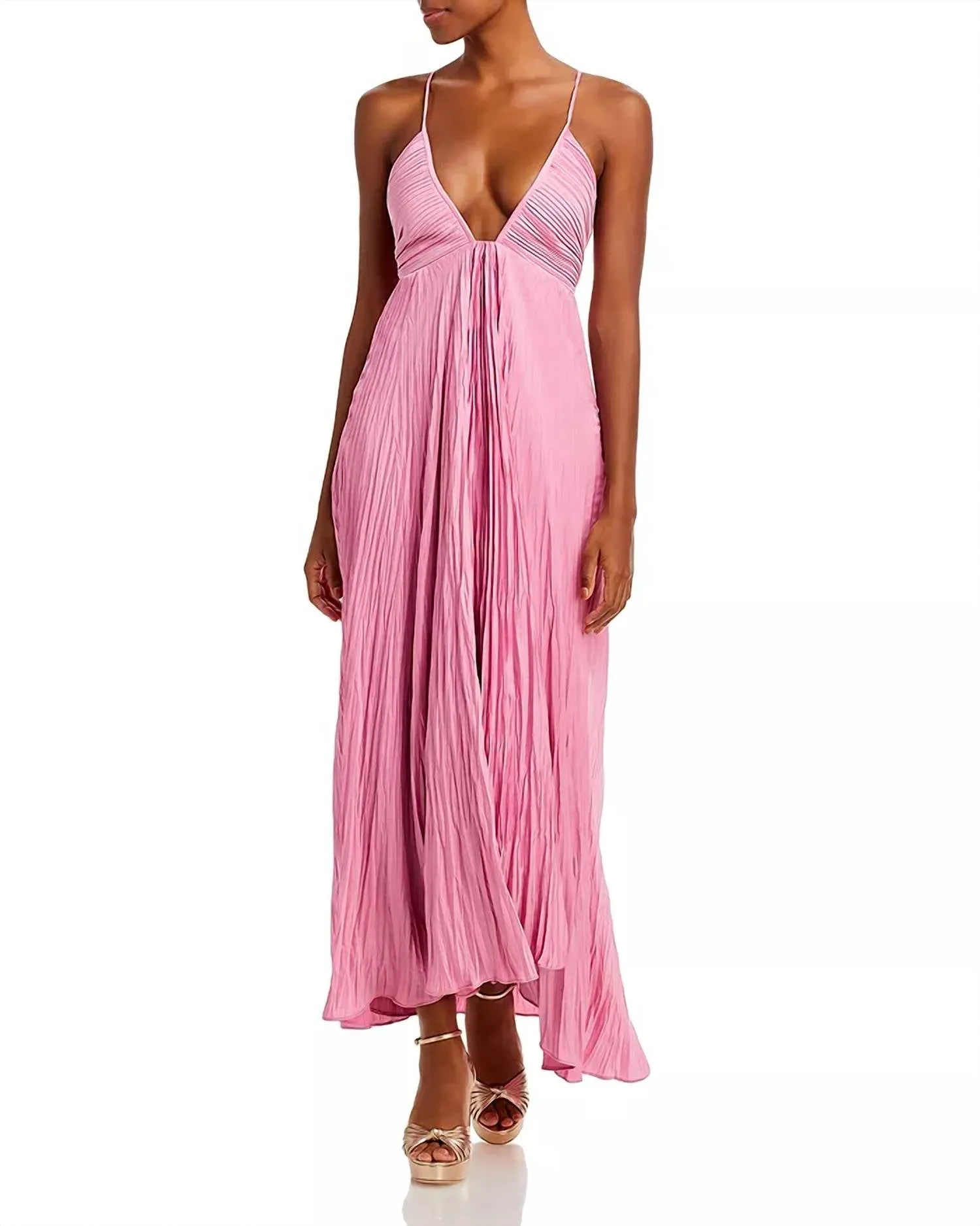 Angelina Satin Pleated Dress In Chateau Rose