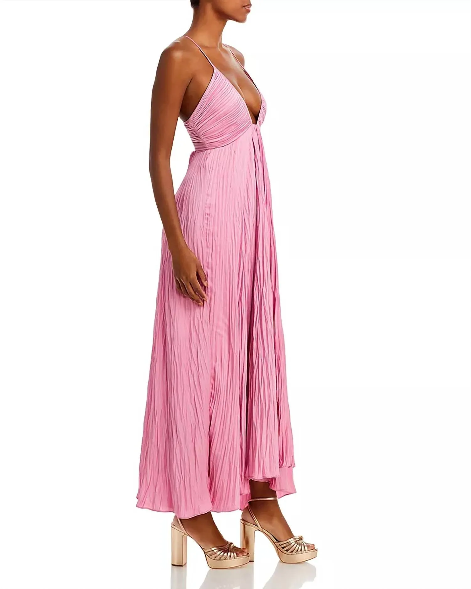Angelina Satin Pleated Dress In Chateau Rose
