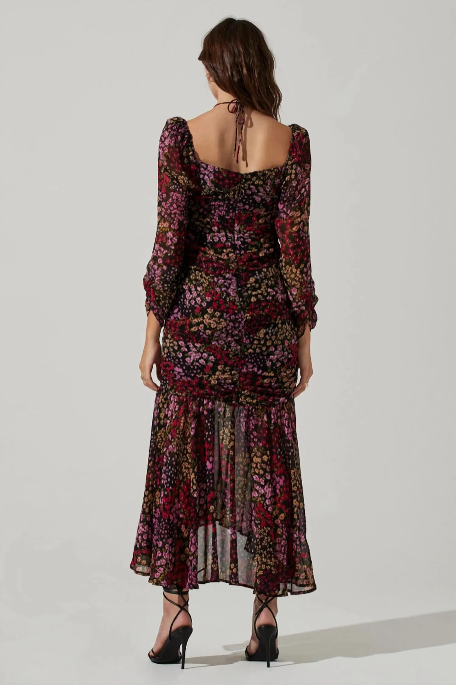 Athena Floral Ruched Long Sleeve Midi Dress In Brown Purple Ditsy