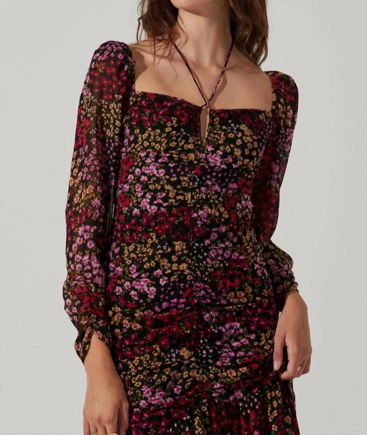 Athena Floral Ruched Long Sleeve Midi Dress In Brown Purple Ditsy