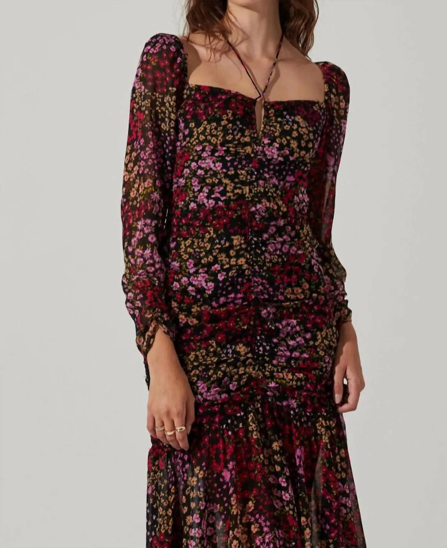 Athena Floral Ruched Long Sleeve Midi Dress In Brown Purple Ditsy