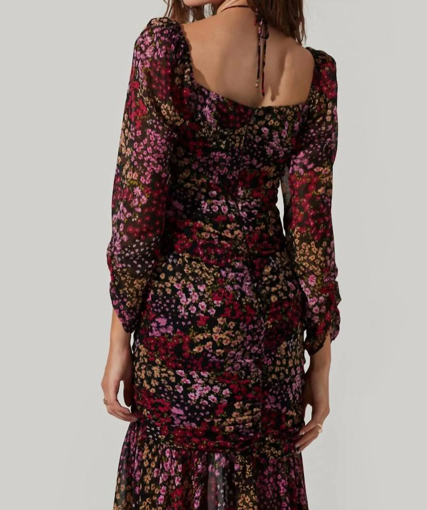 Athena Floral Ruched Long Sleeve Midi Dress In Brown Purple Ditsy