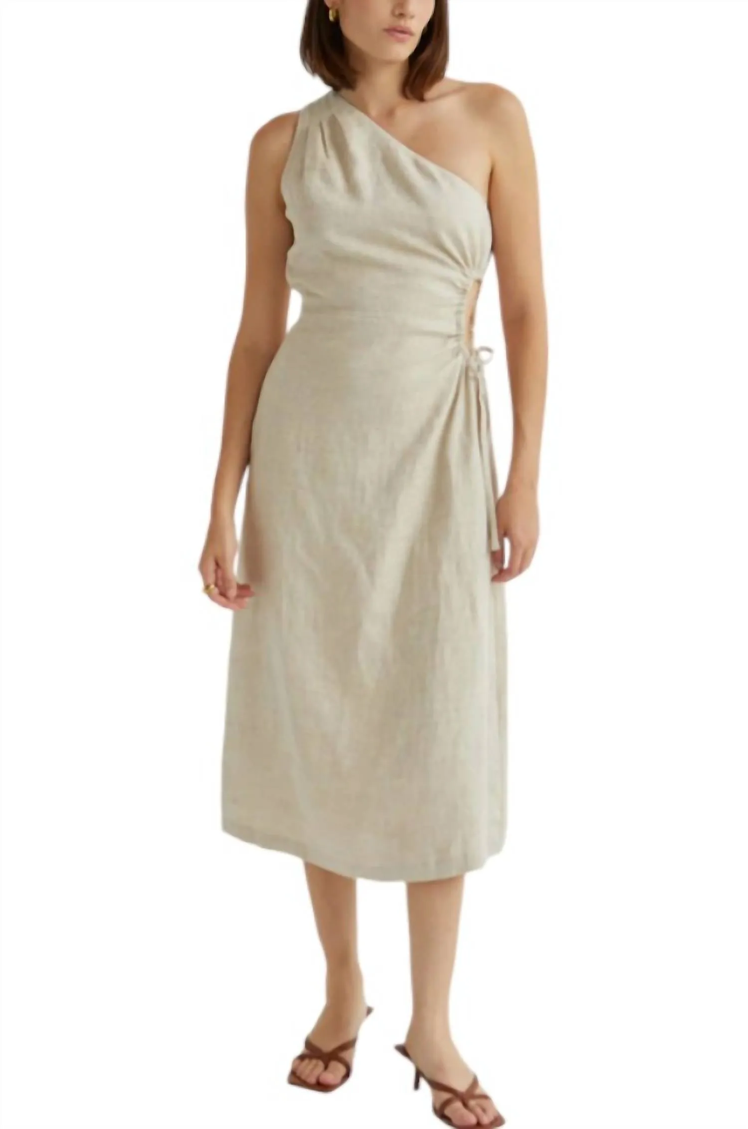 Aura One Shoulder Flax Linen Midi Dress In Oatmeal