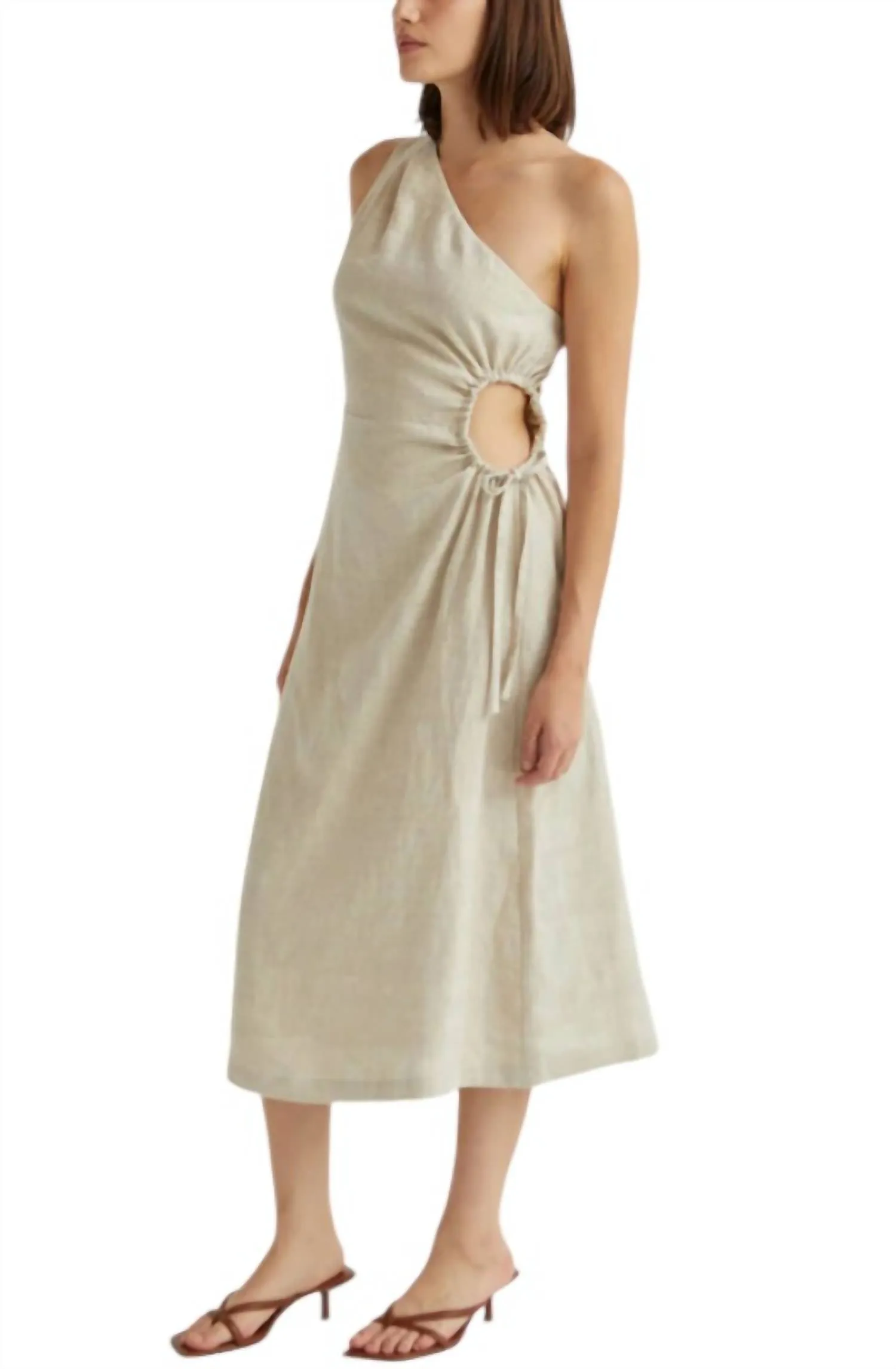 Aura One Shoulder Flax Linen Midi Dress In Oatmeal