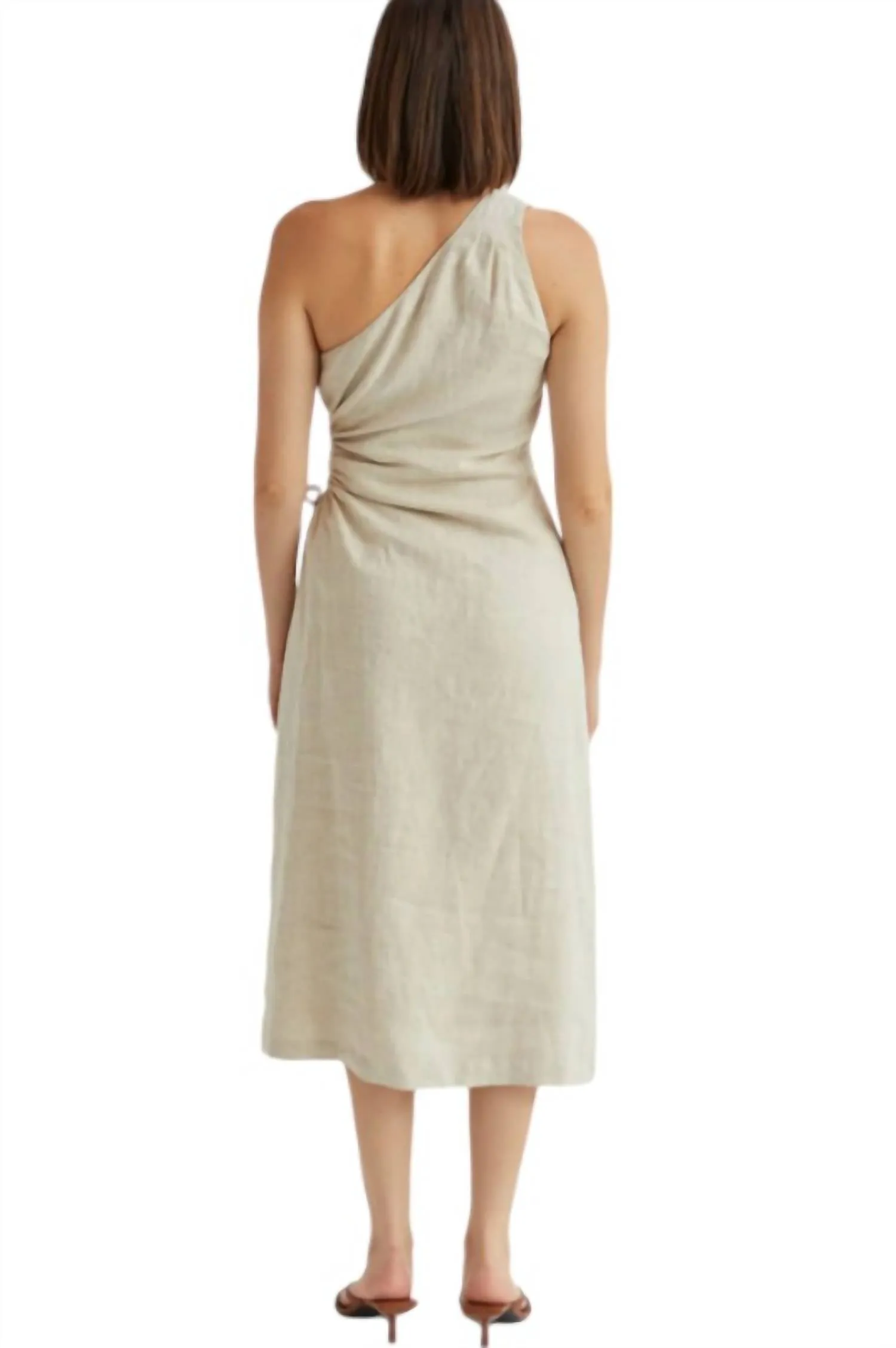 Aura One Shoulder Flax Linen Midi Dress In Oatmeal