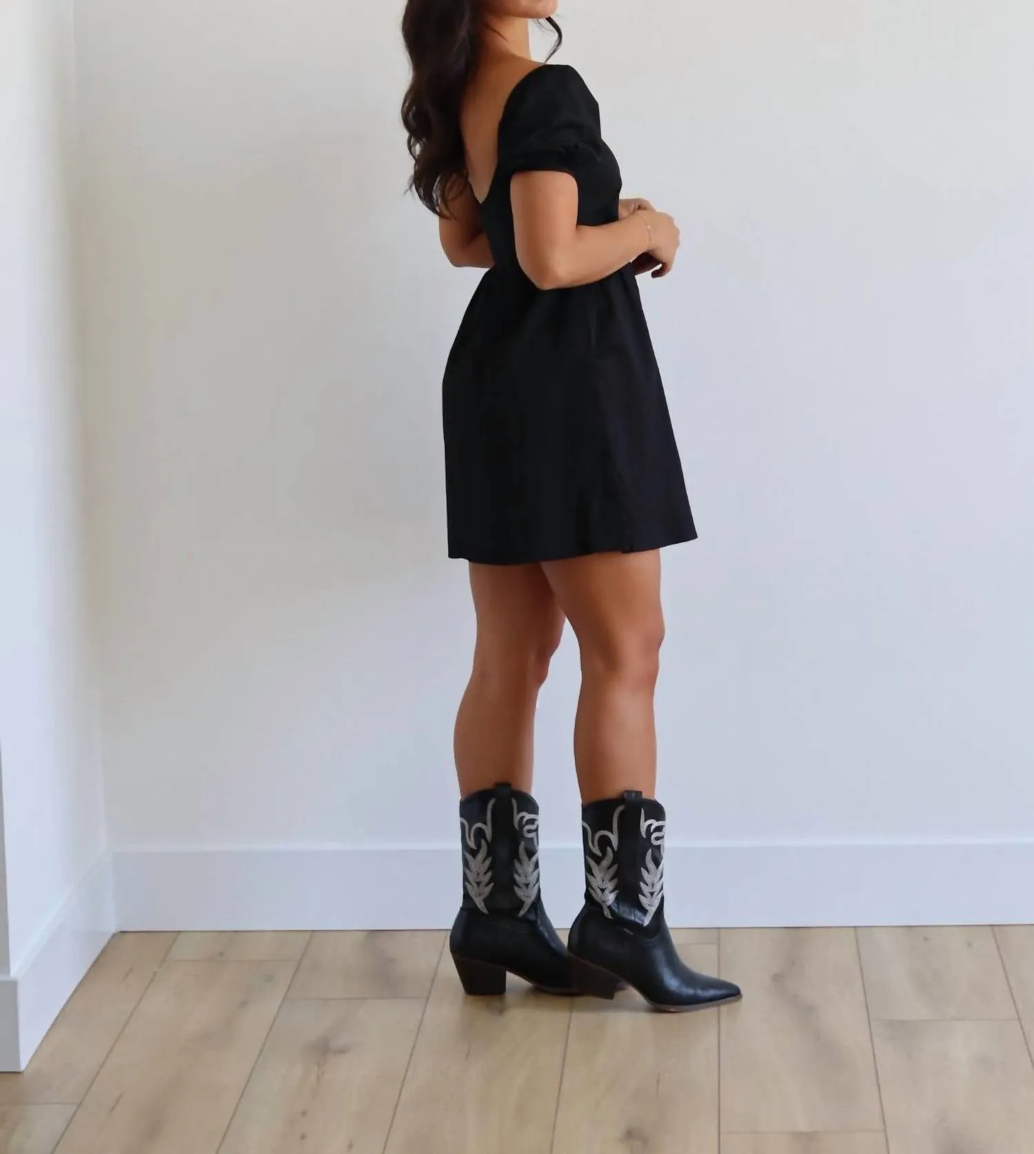 Babydoll Puff Sleeve Mini Dress In Black