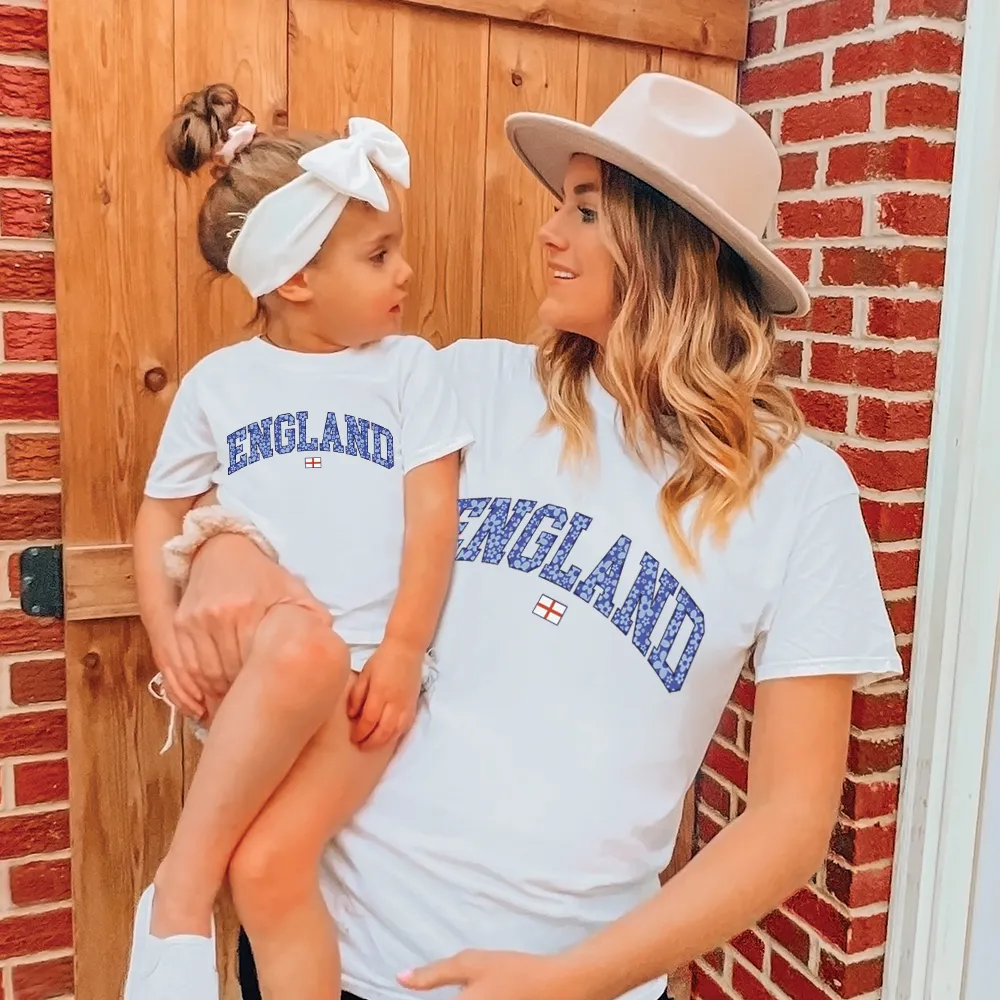 Blue Floral England Matching White T-shirts girls pajamas promo