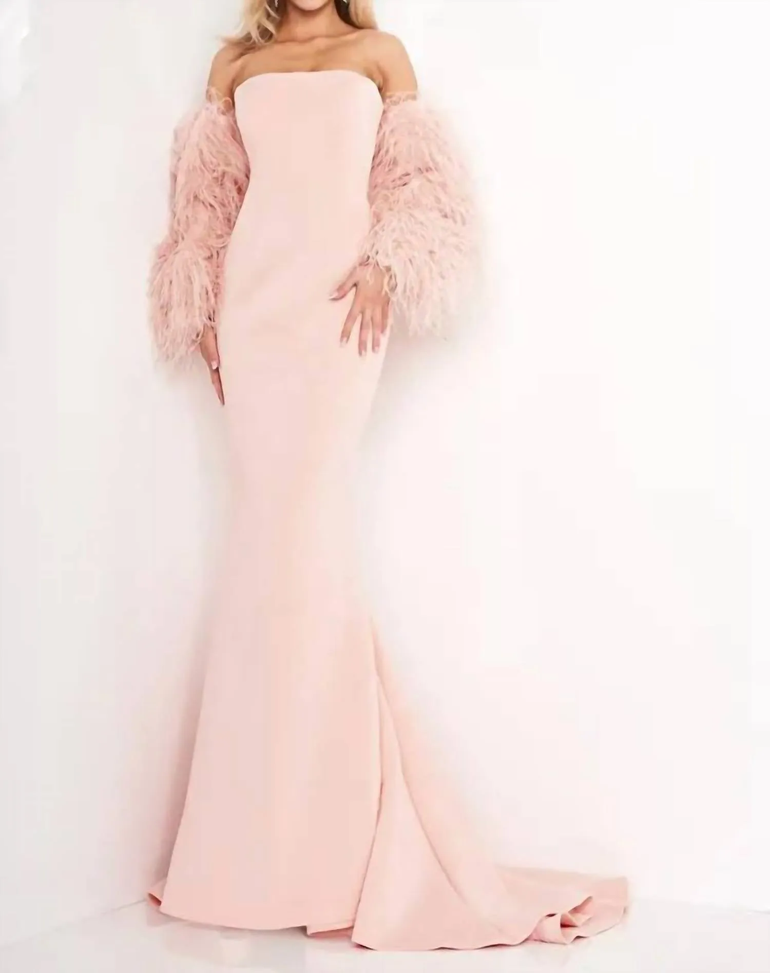 Blush Strapless Fur Sleeve Gown In Pink