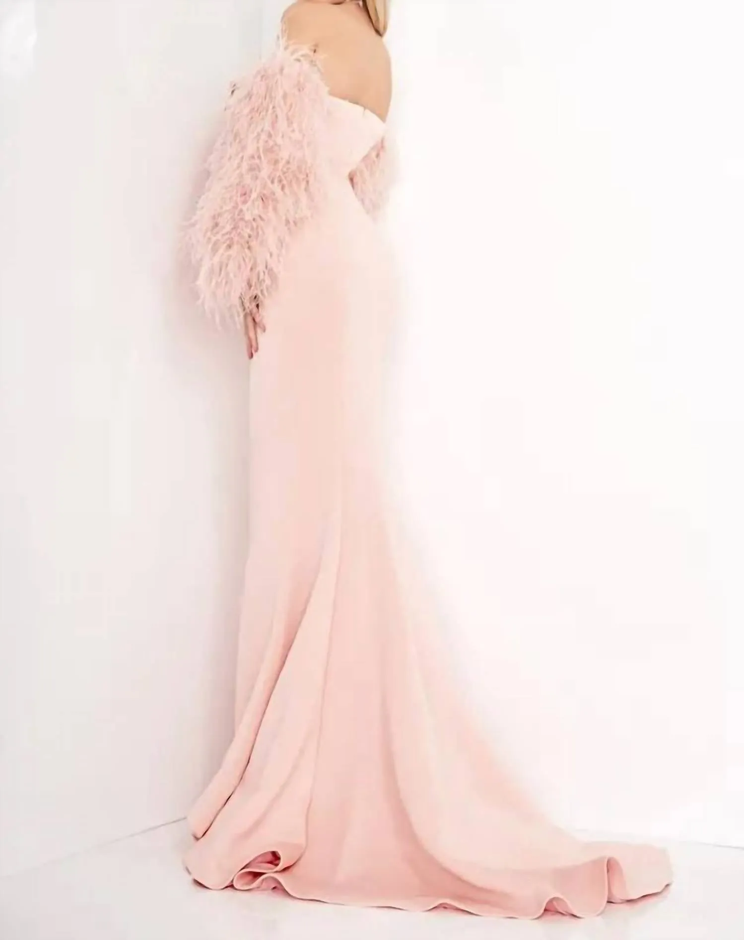 Blush Strapless Fur Sleeve Gown In Pink