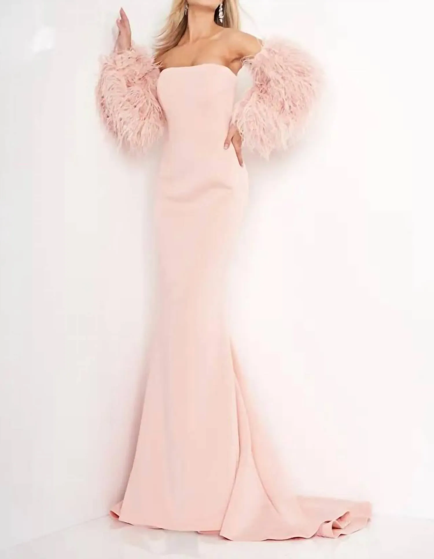 Blush Strapless Fur Sleeve Gown In Pink