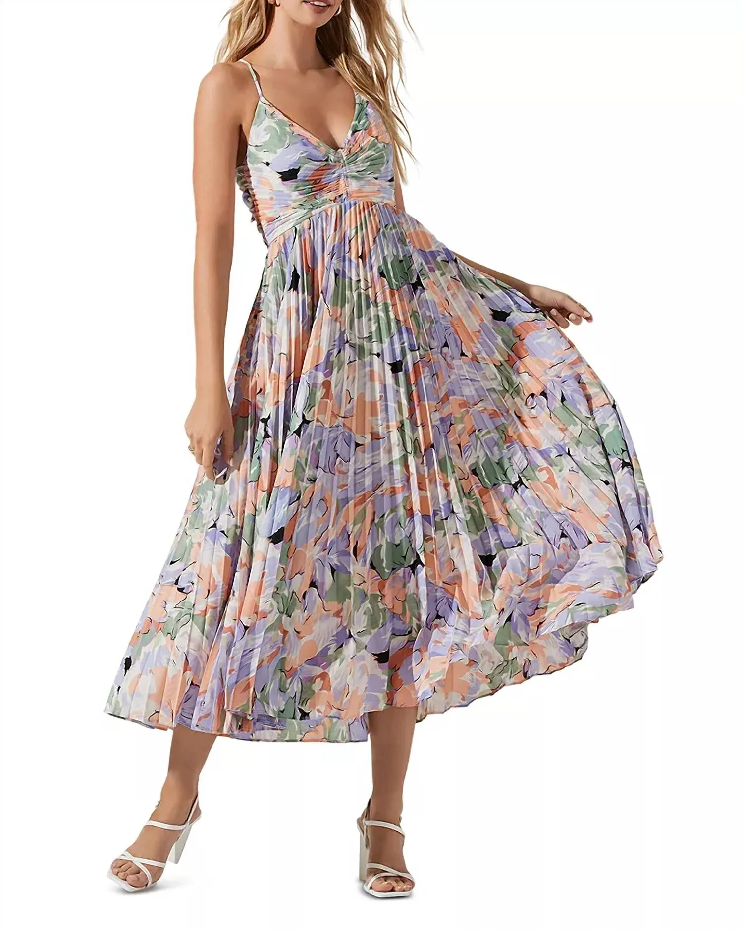 Blythe Floral Plisse Midi Dress In Multi