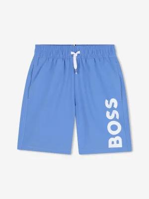 BOSS Boys Logo Print Badeshorts in Marineblau