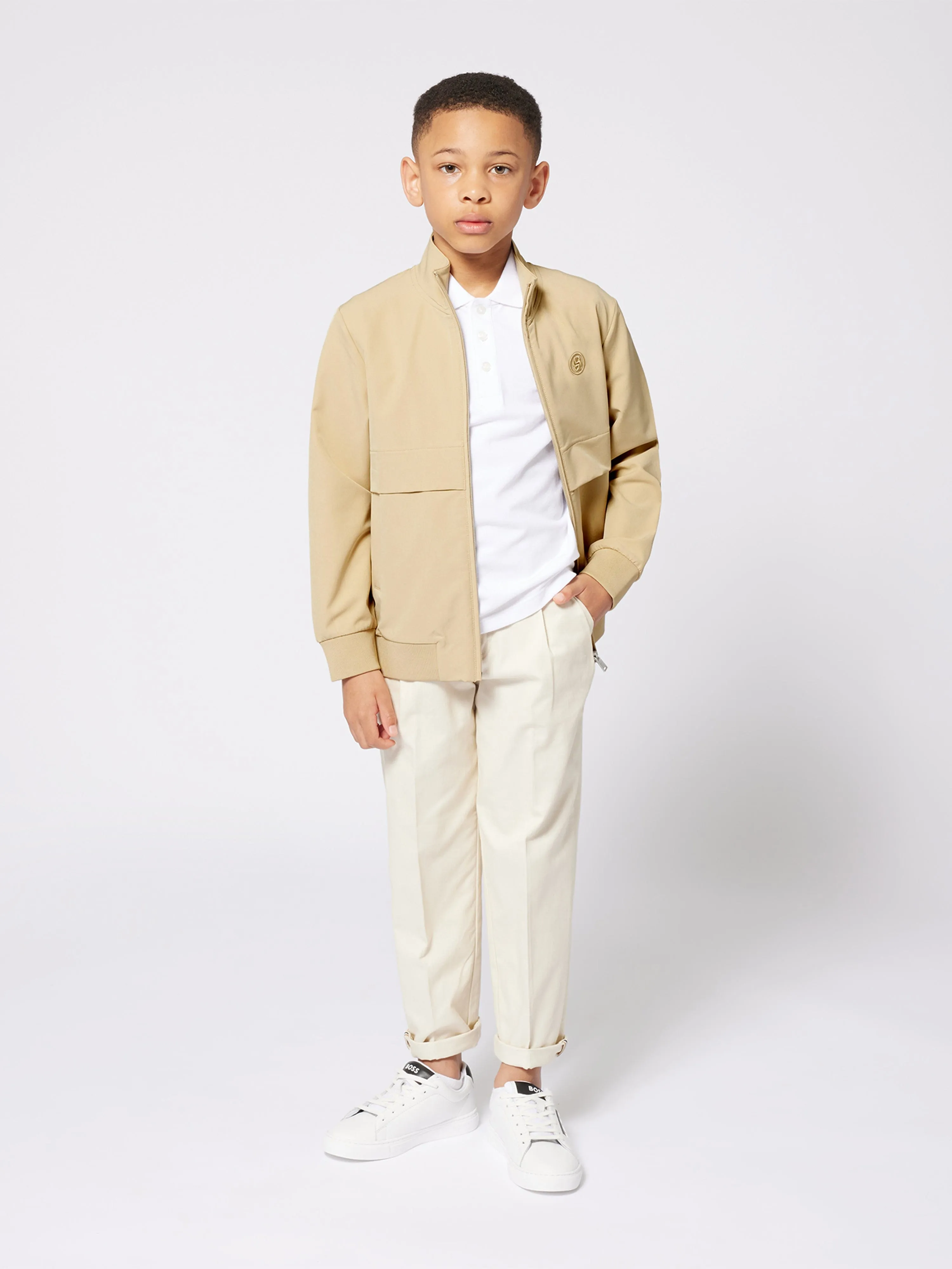 BOSS Boys Logo Reißverschluss-Pullover in Beige