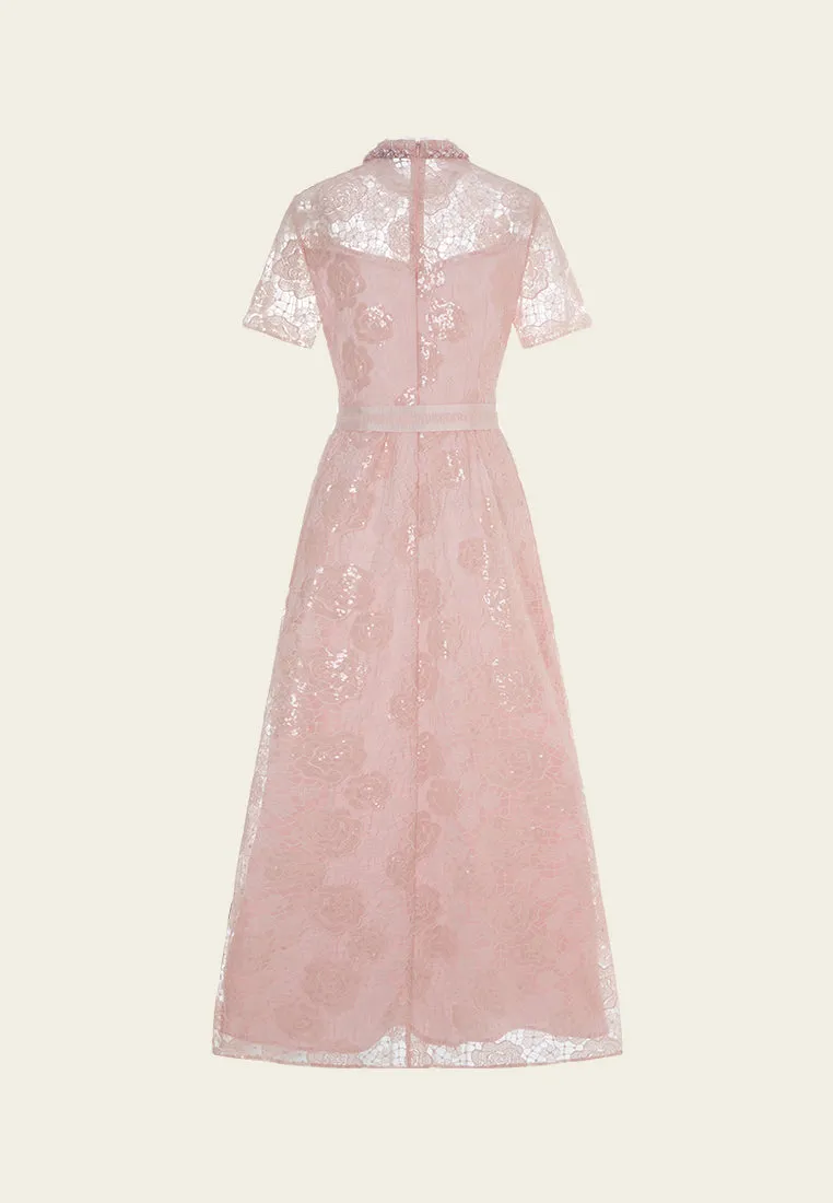 Bow-belt Stand-collar Bead-and-crystal Embellished Lace Dress