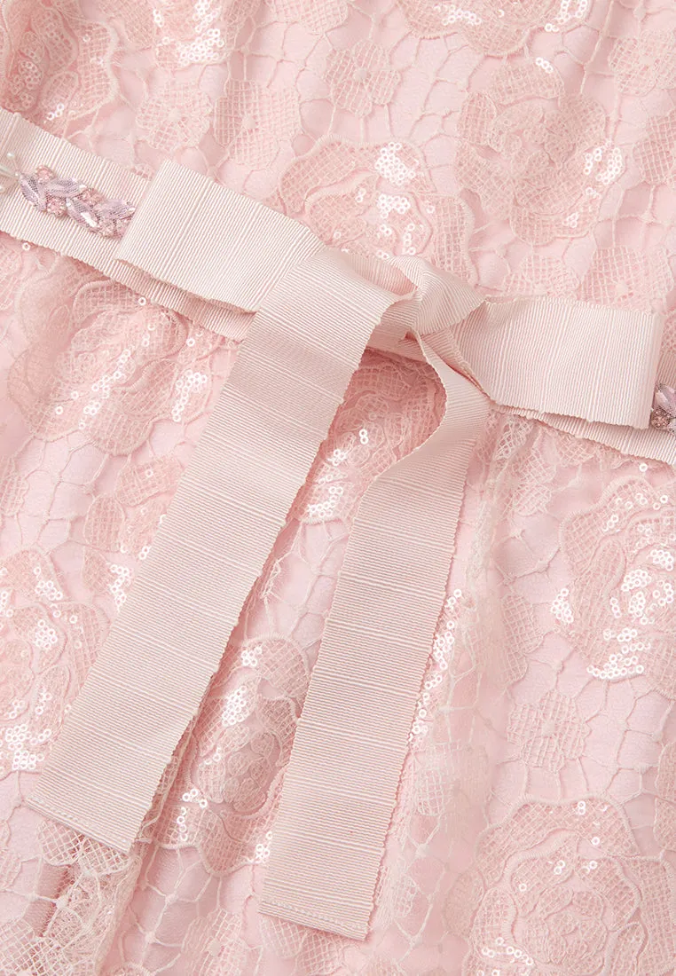 Bow-belt Stand-collar Bead-and-crystal Embellished Lace Dress