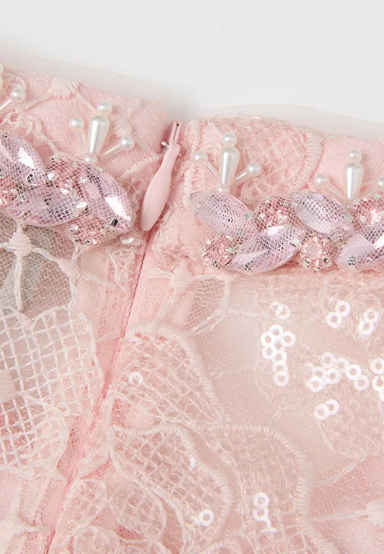 Bow-belt Stand-collar Bead-and-crystal Embellished Lace Dress