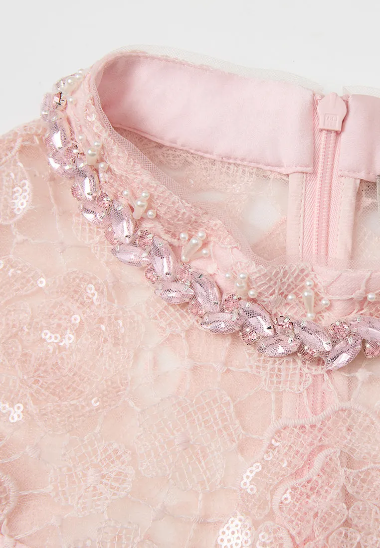 Bow-belt Stand-collar Bead-and-crystal Embellished Lace Dress