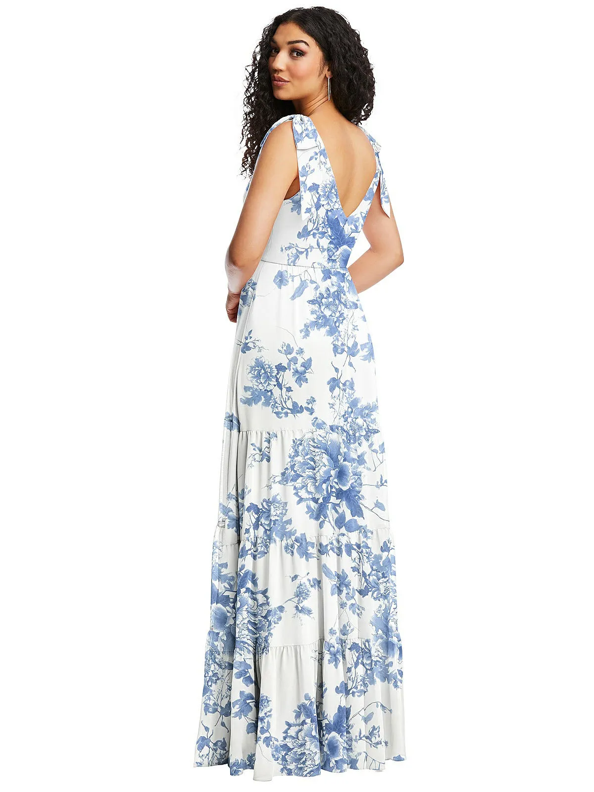 Bow-Shoulder Faux Wrap Maxi Dress with Tiered Skirt