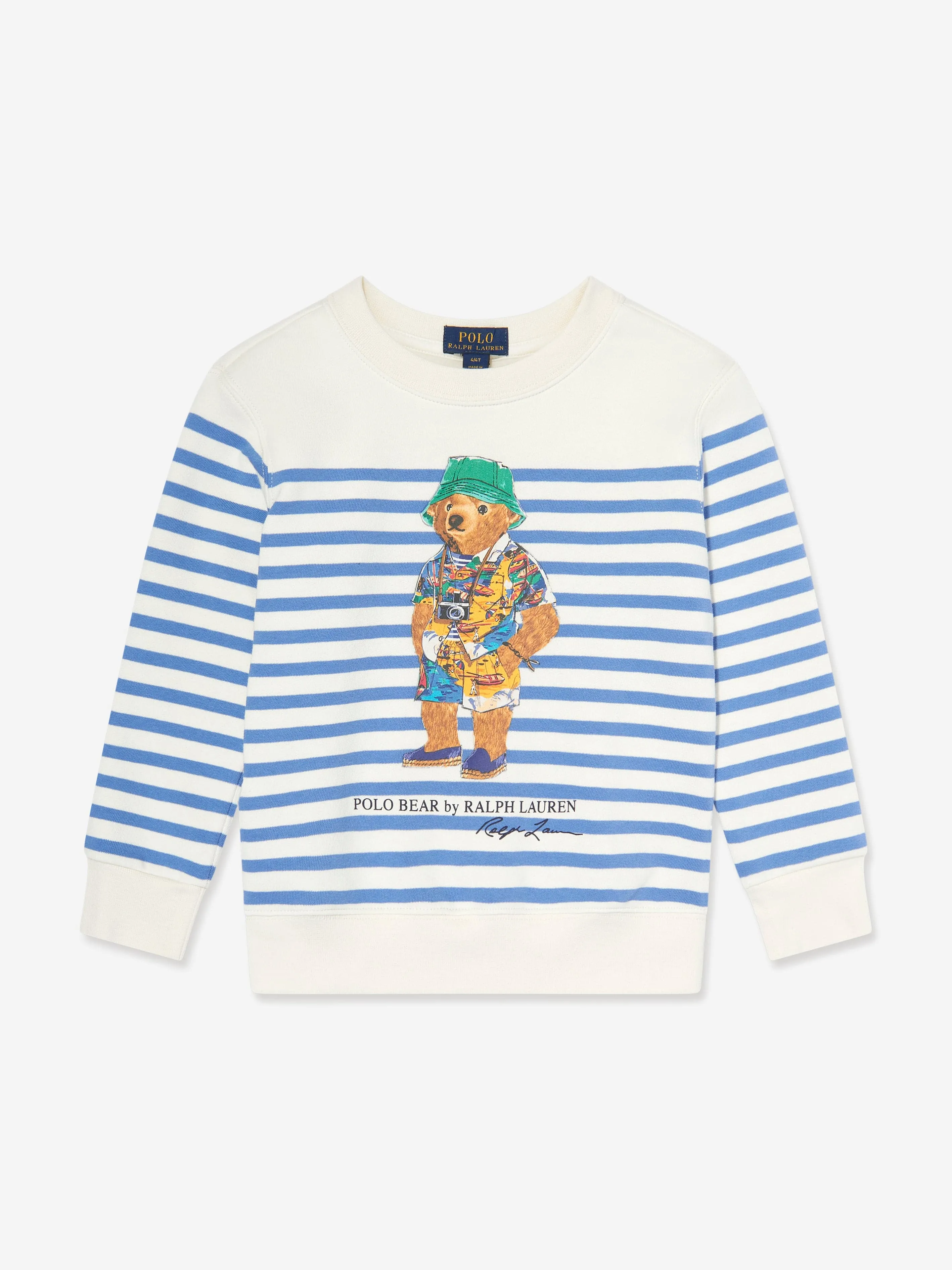 Jungen Gestreifter Polo-Bärenpullover in Weiß