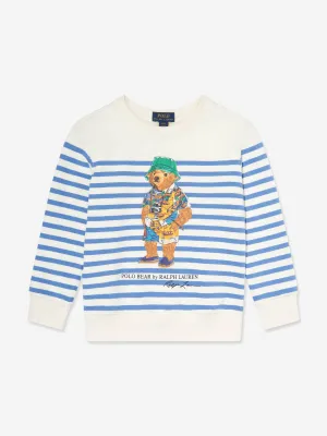 Jungen Gestreifter Polo-Bärenpullover in Weiß