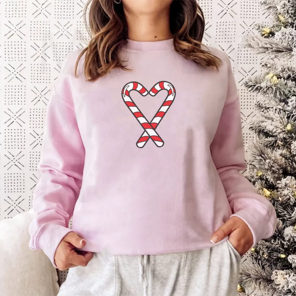 Candy Cane Heart Pink Women's Christmas Sweatshirt mum jeans promo