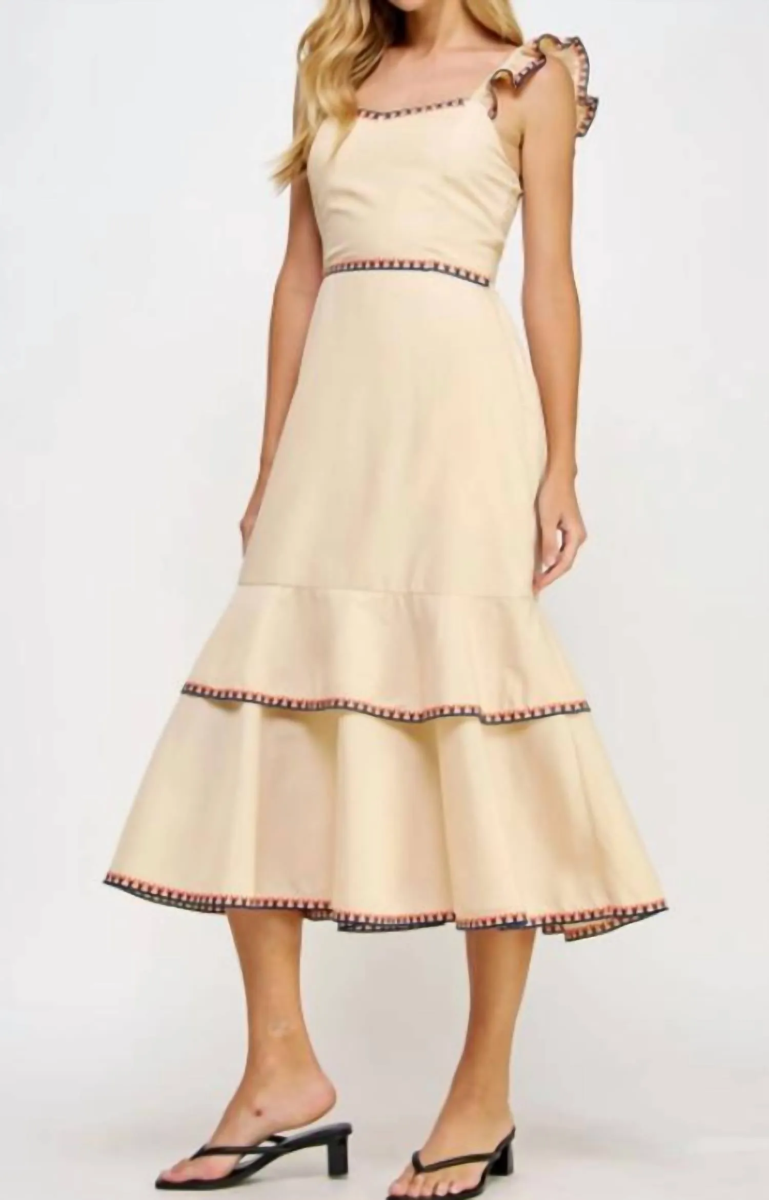Cerene Layered Embroidery Midi Dress In Cream
