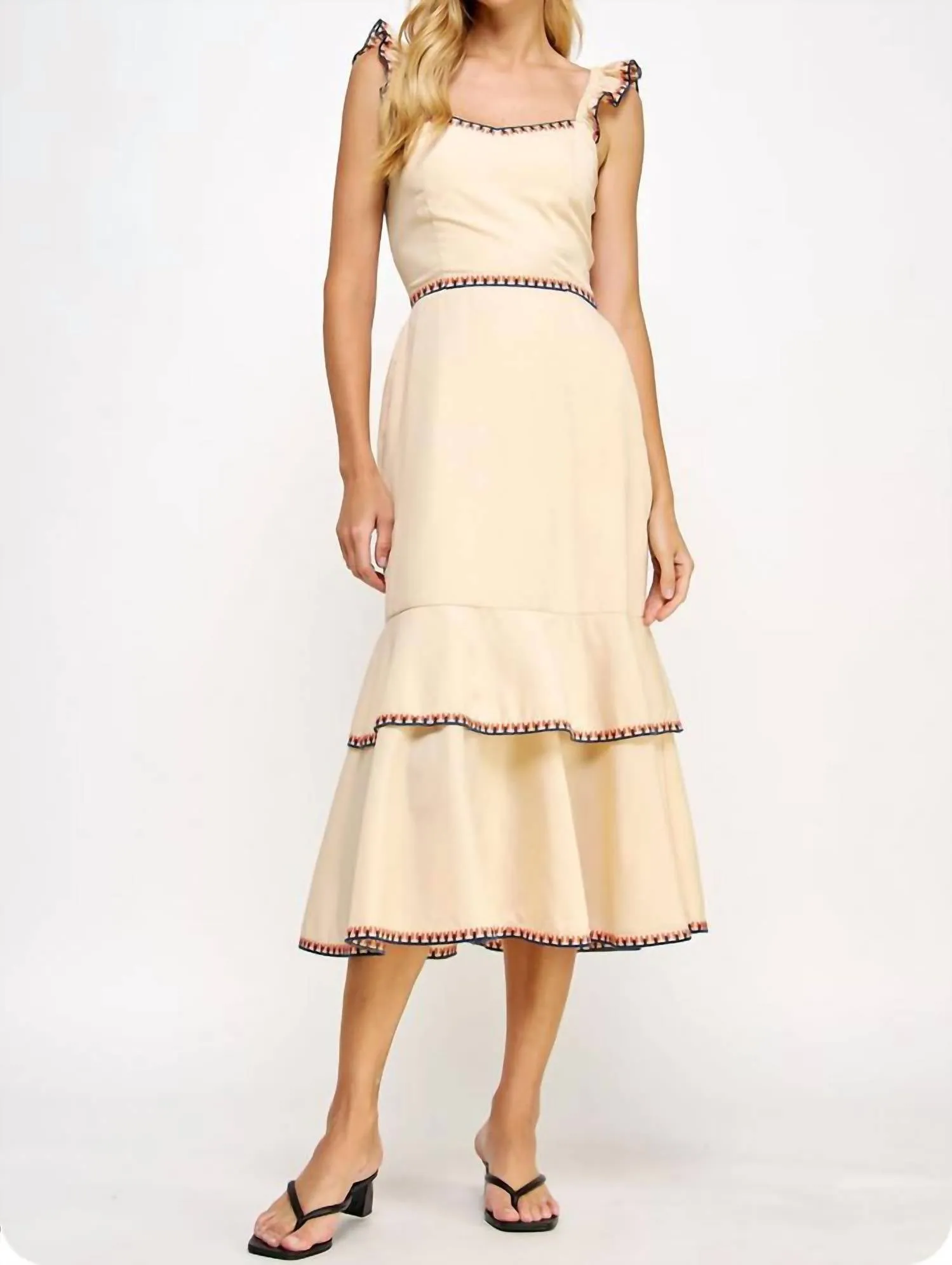 Cerene Layered Embroidery Midi Dress In Cream