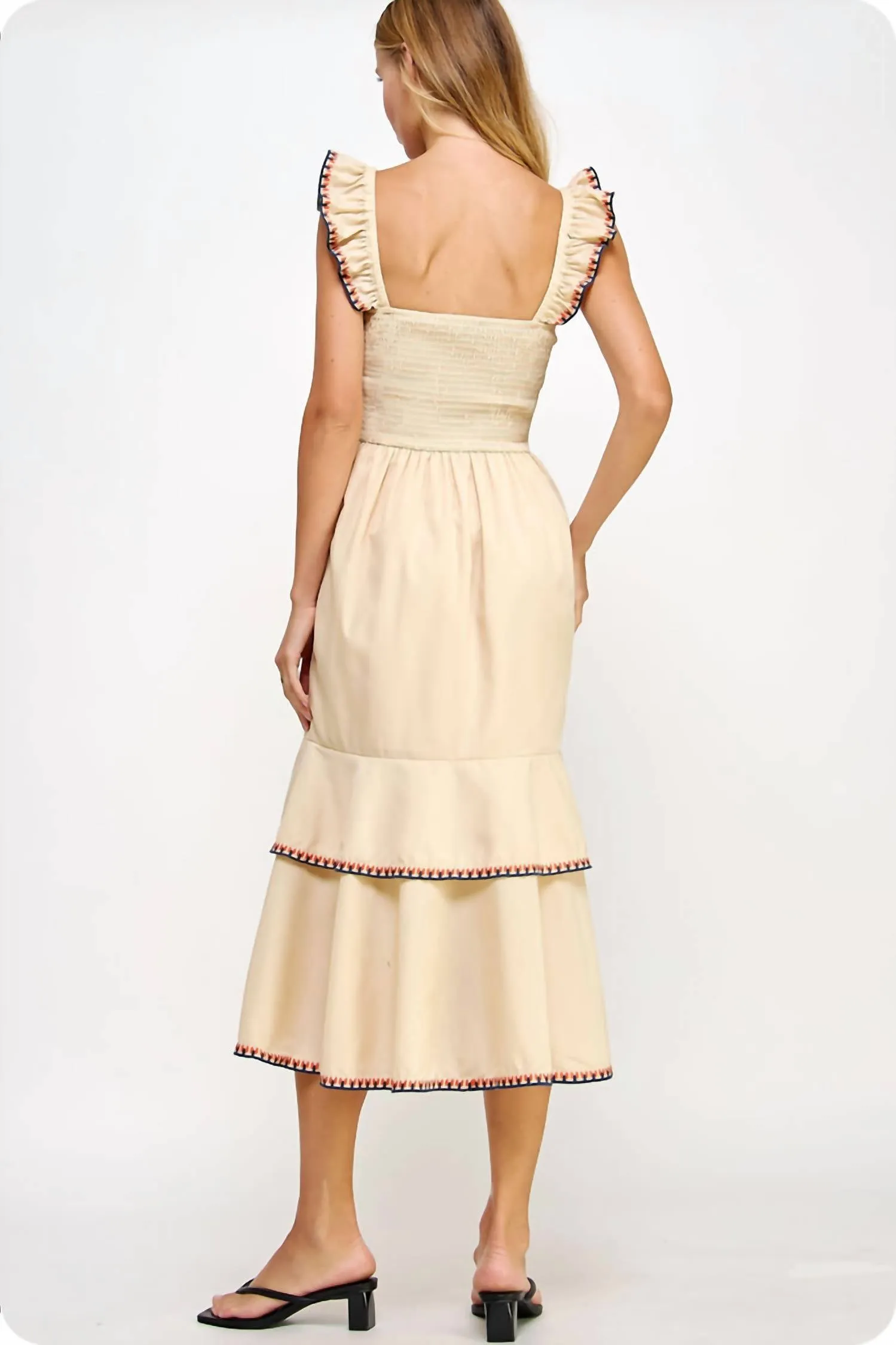 Cerene Layered Embroidery Midi Dress In Cream