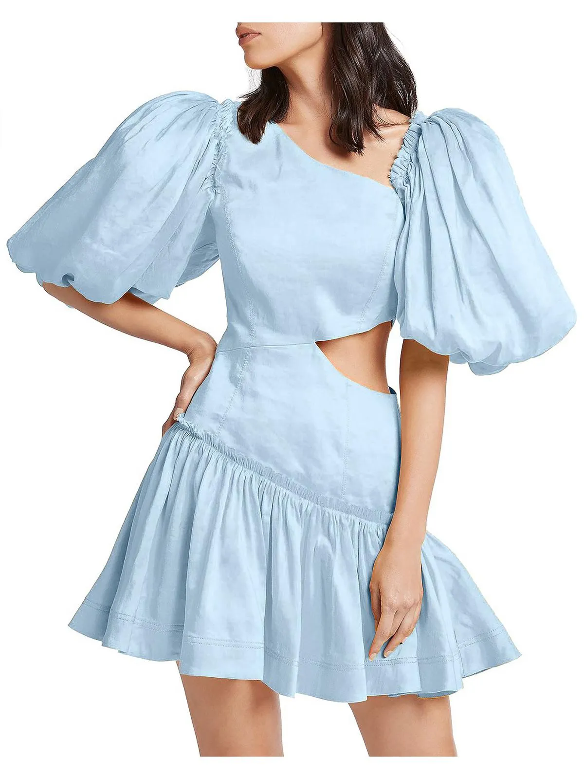 Chateau Womens Linen Blend Puff Sleeves Mini Dress