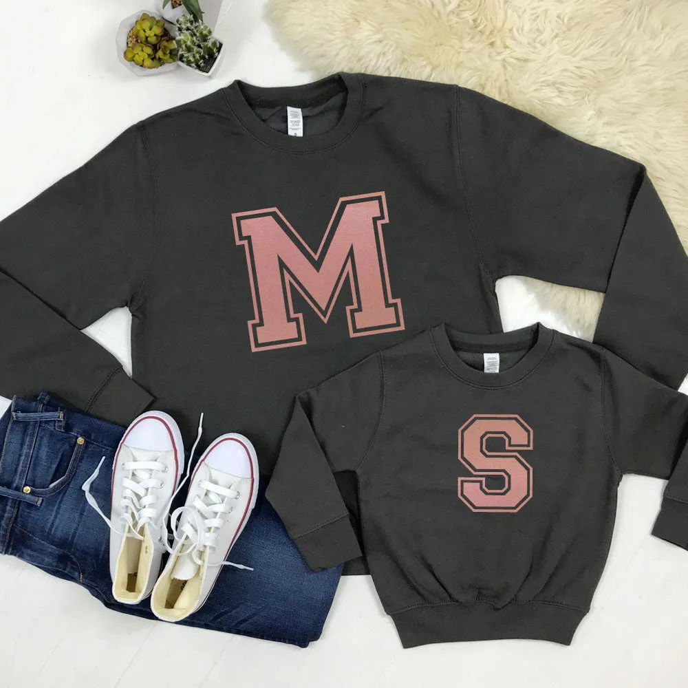 Classic Varsity Initial Family Matching Crew Sweaters - Storm/Rose Gold (MRK X) mum blouses clearance