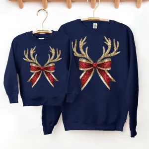 Coquette Christmas Glitter Bow Matching Sweatshirts Navy maternity wear outlet