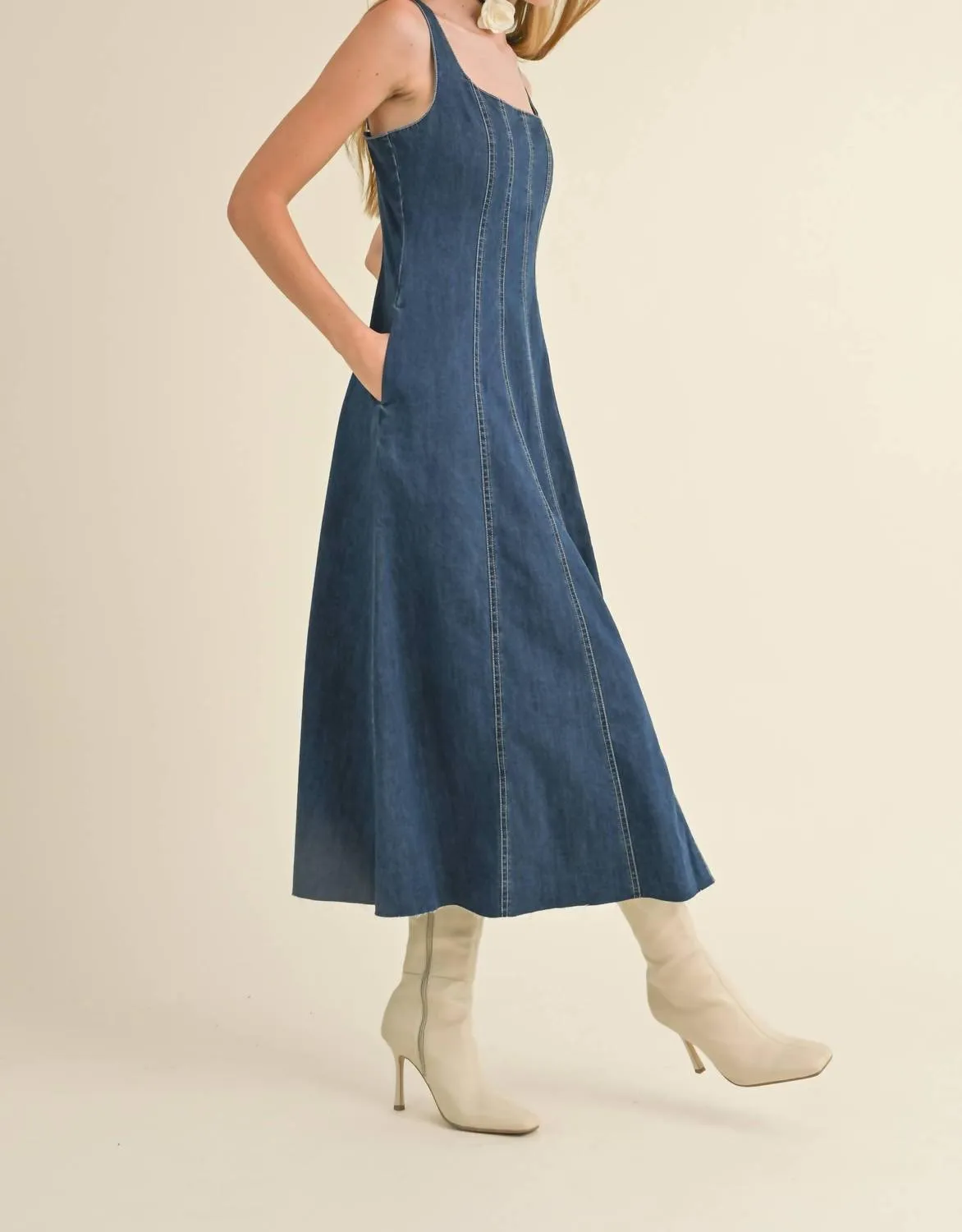 Corset Midi Paneled Dress In Denim