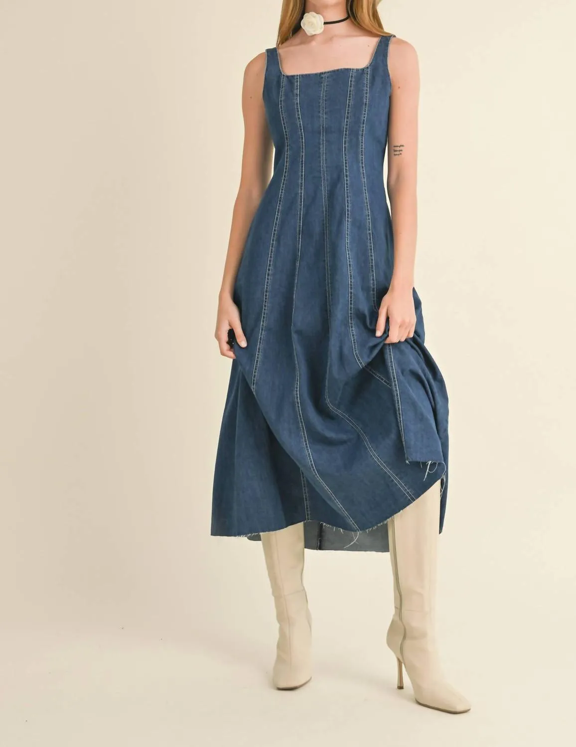 Corset Midi Paneled Dress In Denim