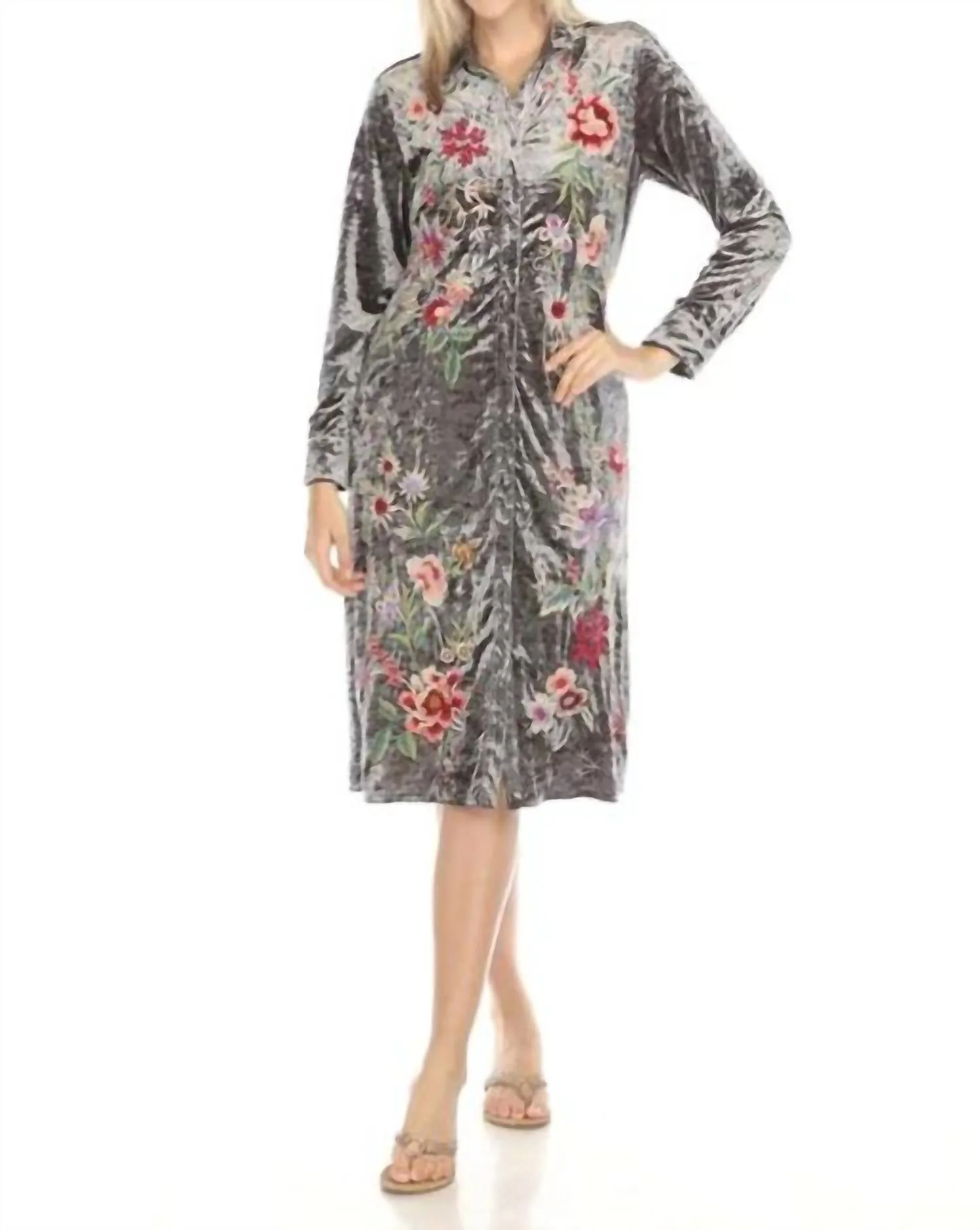 Crushed Velvet Shirt Dress In Crushed Velvet Silver