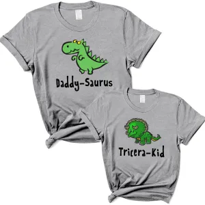 Daddy-saurus & Tricera-kid Cartoon Matching Grey T-Shirts fathers day sale outfits
