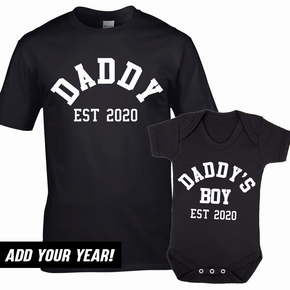 Daddy & Daddy's Boy Varsity Established Matching Black T-Shirt & Bodysuit (MRK X) mens dad clothes online