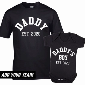 Daddy & Daddy's Boy Varsity Established Matching Black T-Shirt & Bodysuit (MRK X) mens dad clothes online