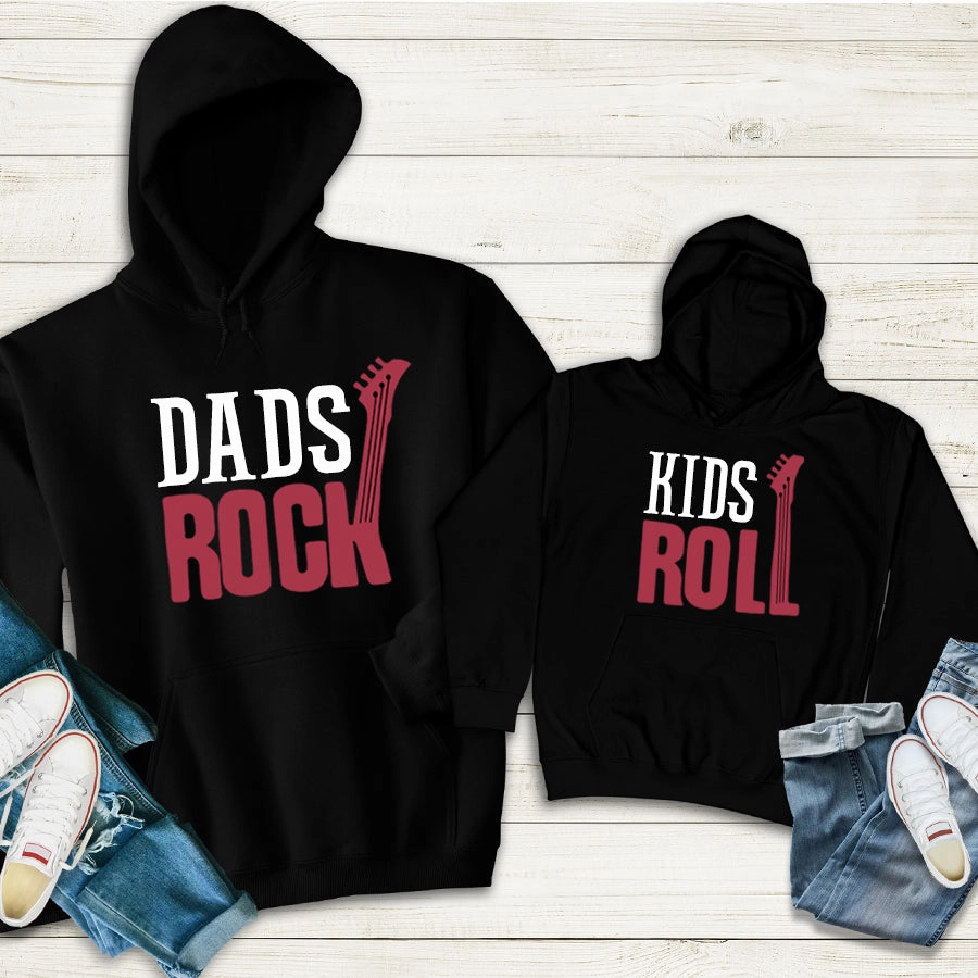 Dads Rock & Kids Roll Matching Black Hoodies mens dad clothes online