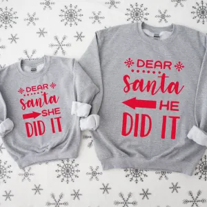 Dear Santa She Did It & He Did It Matching Kids Sweatshirts girls dresses outlet