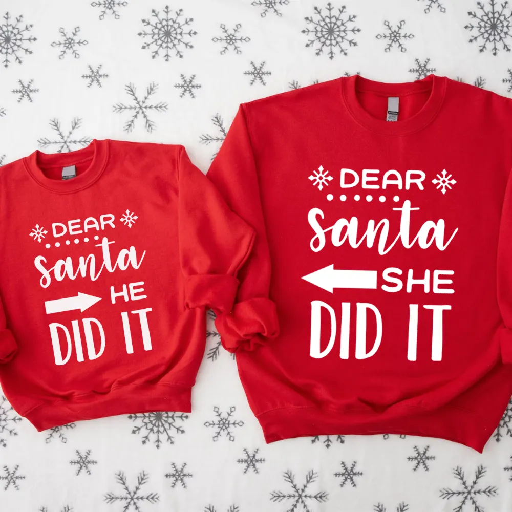 Dear Santa She Did It & He Did It Matching Kids Sweatshirts girls dresses outlet
