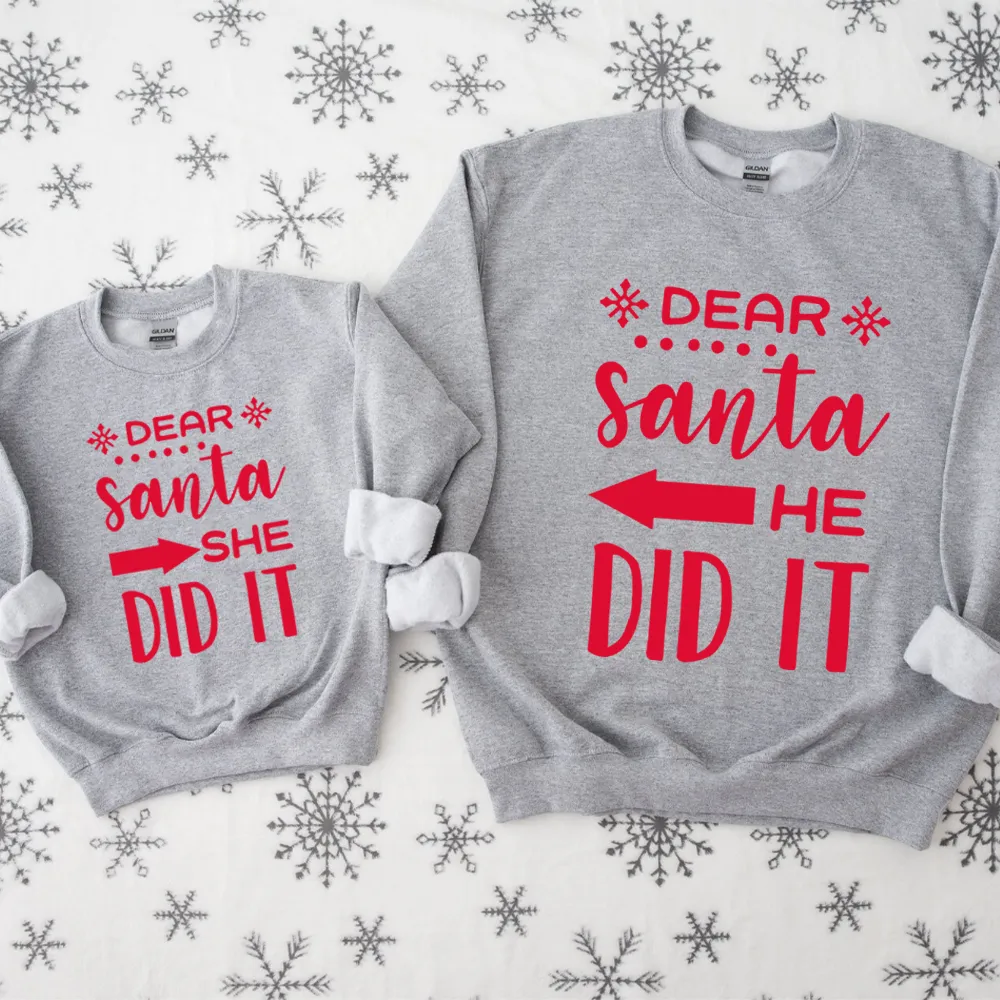 Dear Santa She Did It & He Did It Matching Kids Sweatshirts girls dresses outlet