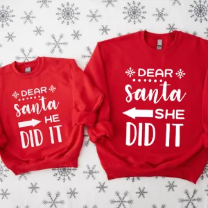 Dear Santa She Did It & He Did It Matching Kids Sweatshirts girls dresses outlet