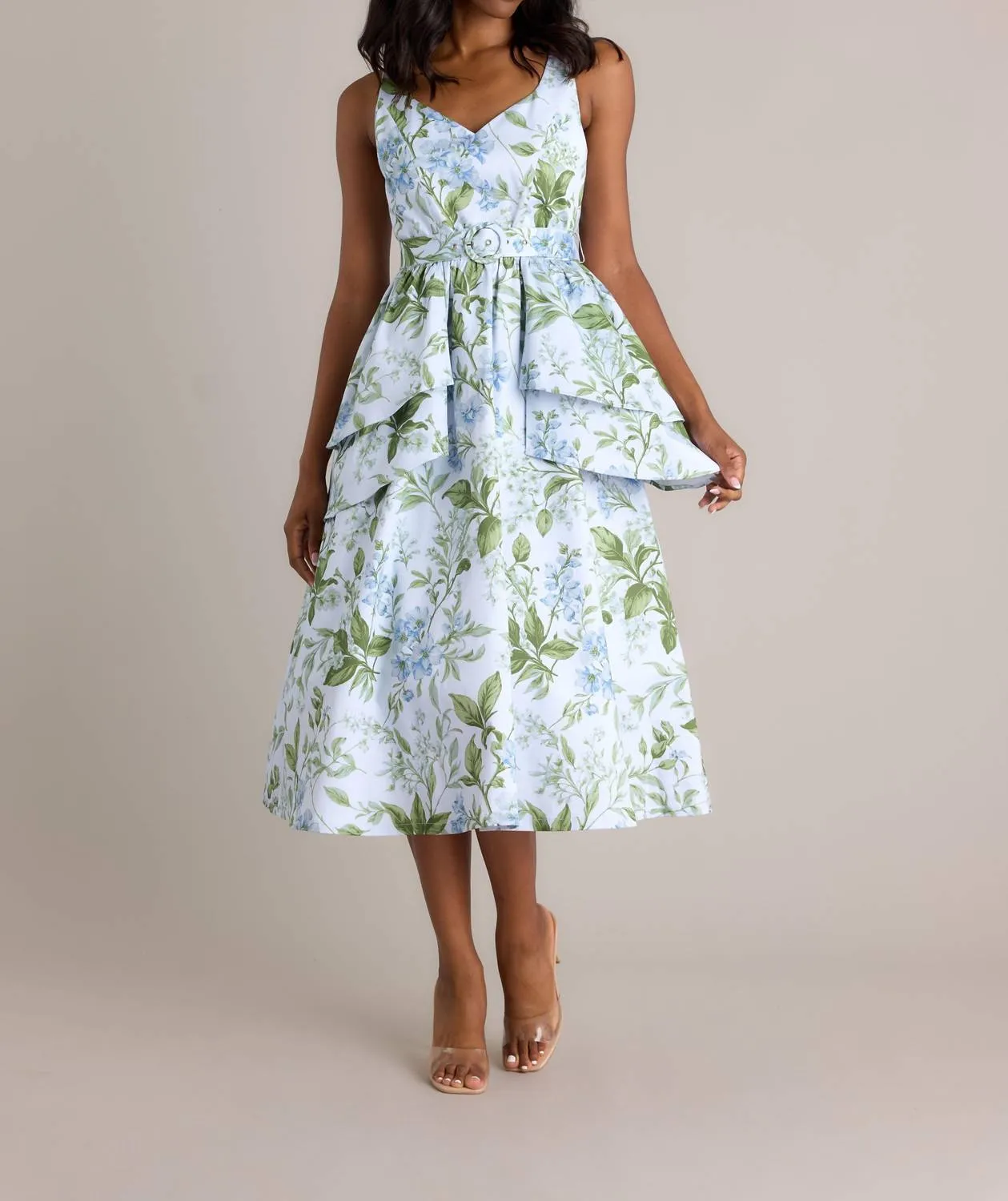 Diana Petal Midi Dress In Blue Lilacs Botanical Print