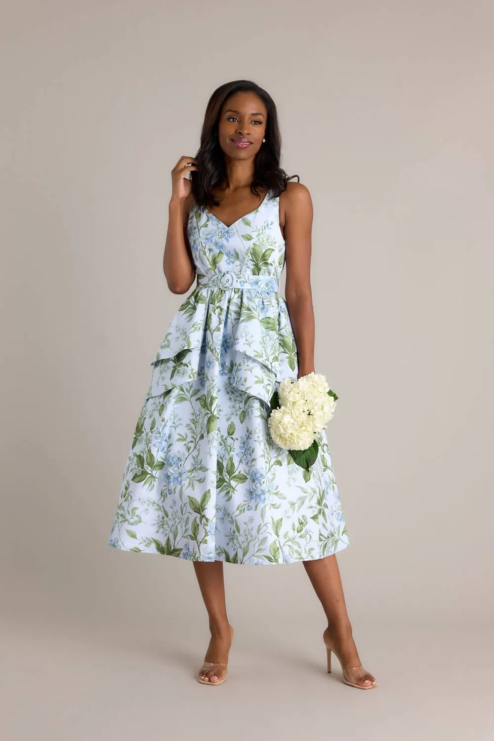 Diana Petal Midi Dress In Blue Lilacs Botanical Print
