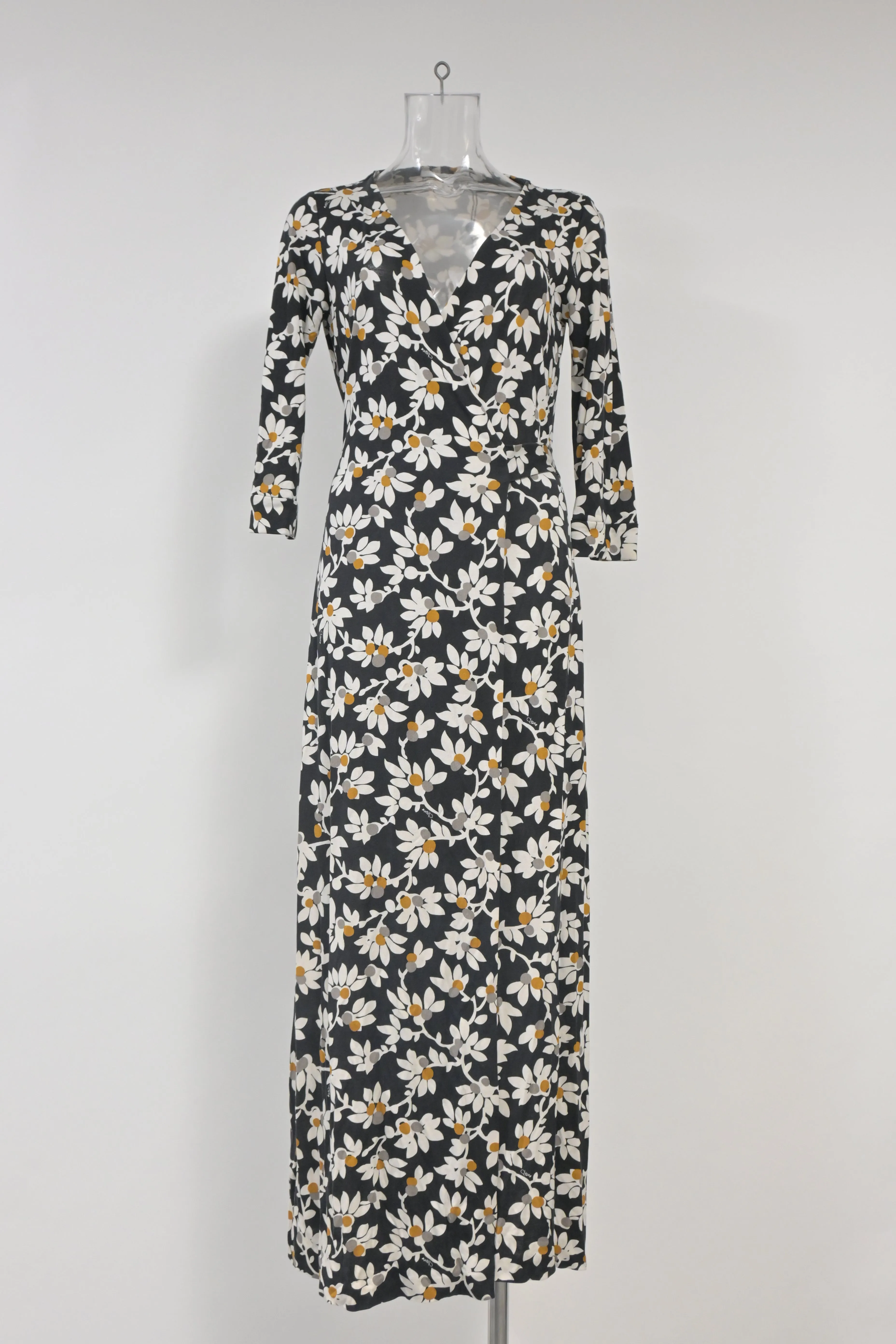 Diane von Furstenberg Floral Print Long Dress in Black Viscose
